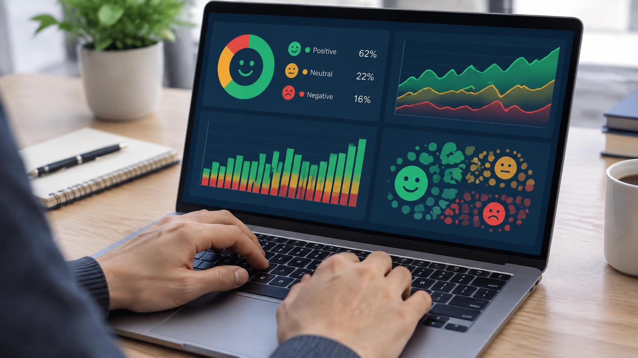 Researcher viewing sentiment analysis graphs on a laptop screen