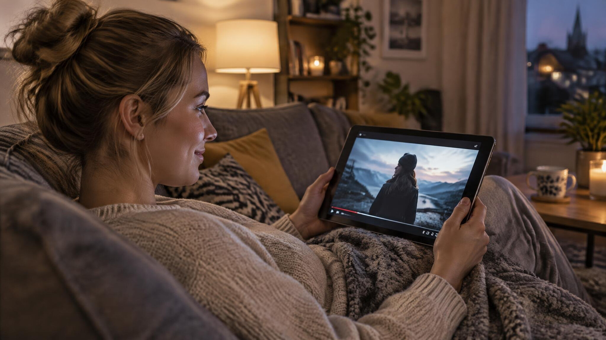 Woman watching streaming content on a tablet at home