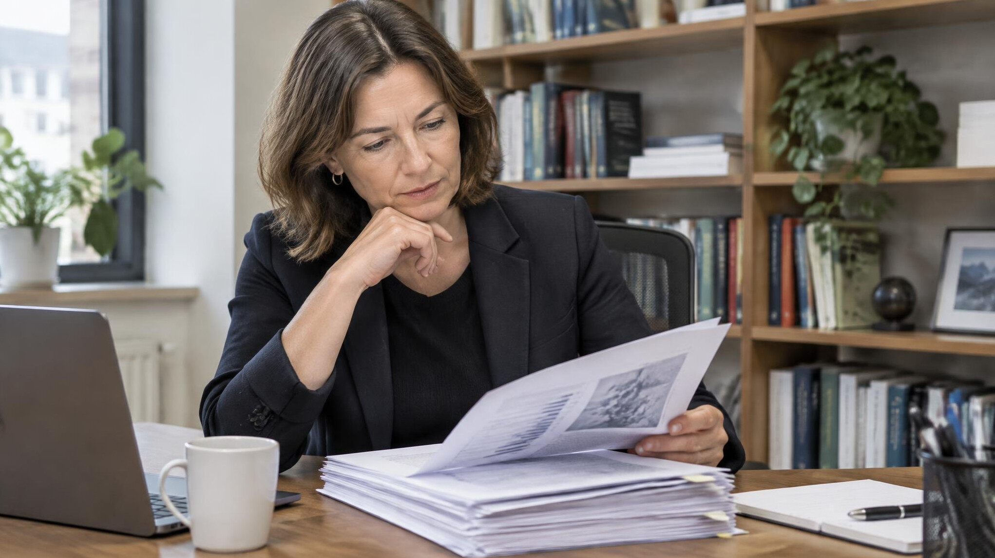 Woman reviewing printed research reports at her desk