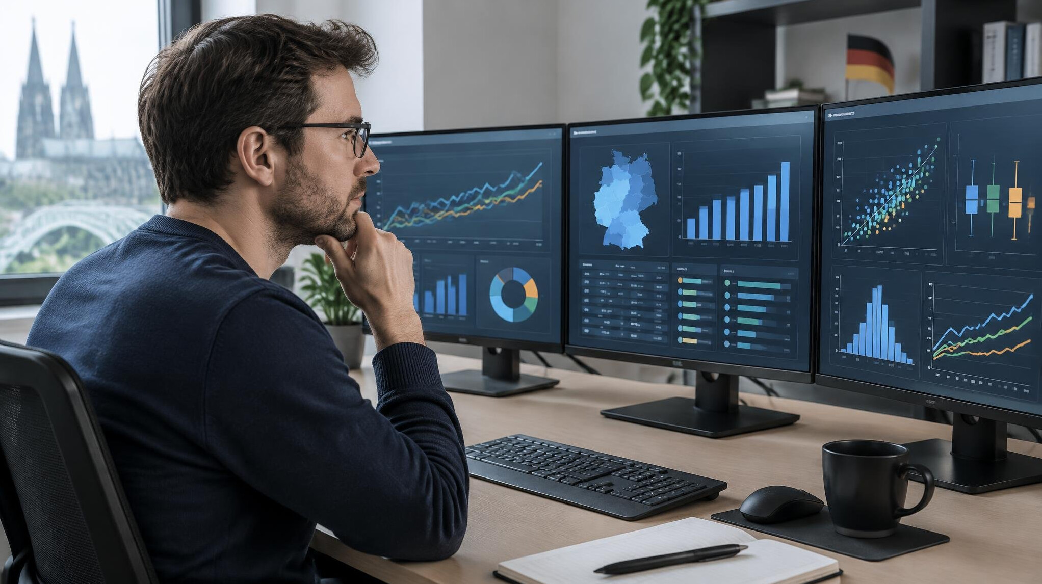 Data analyst reviewing statistical dashboards on multiple monitors