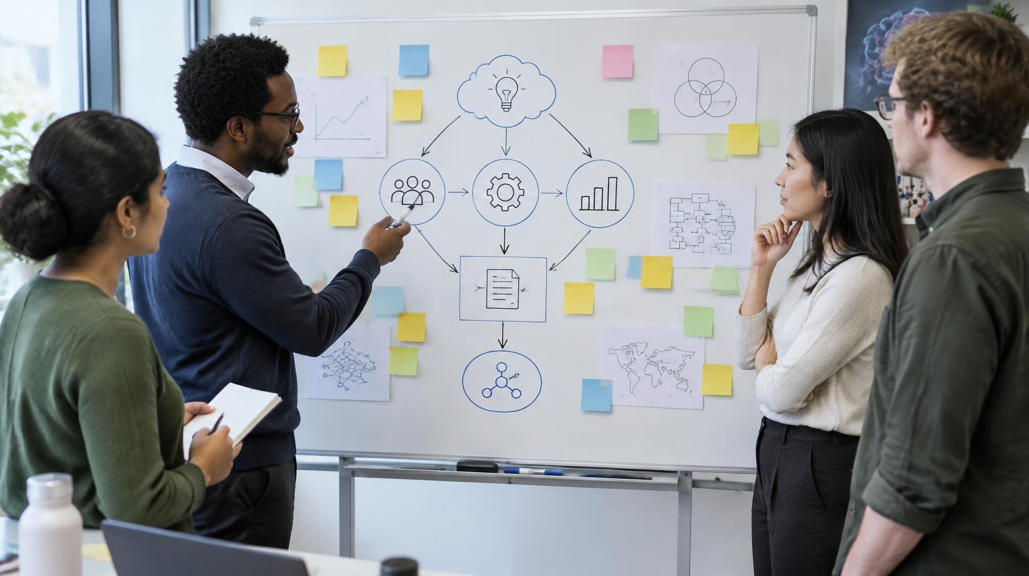 Research team discussing a framework around a whiteboard