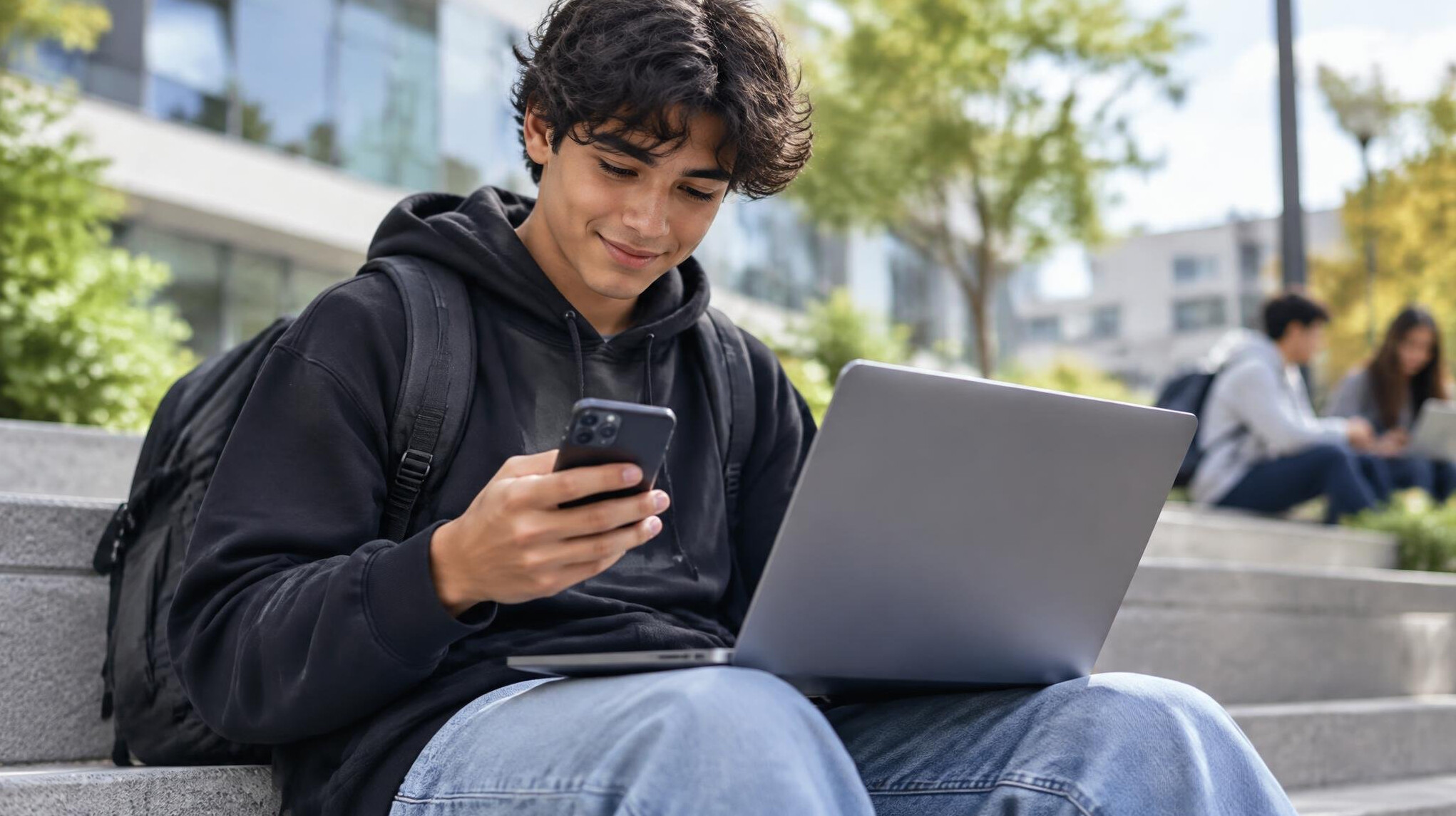 young person using smartphone outdoors