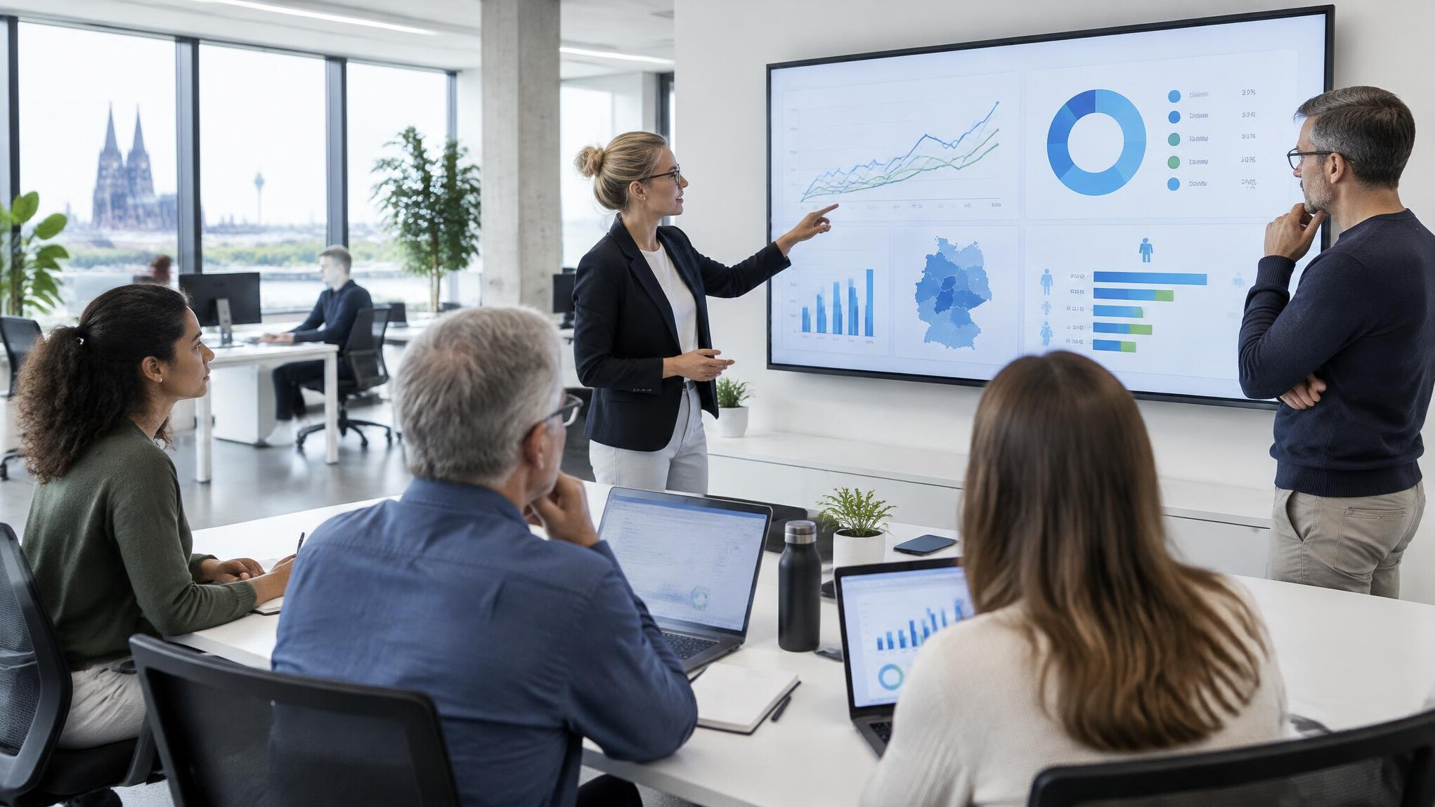 Researchers reviewing audience data charts on a large screen in a modern office