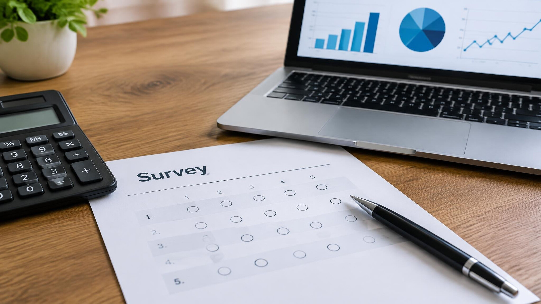 Printed survey questionnaire with pen and statistical charts on a laptop